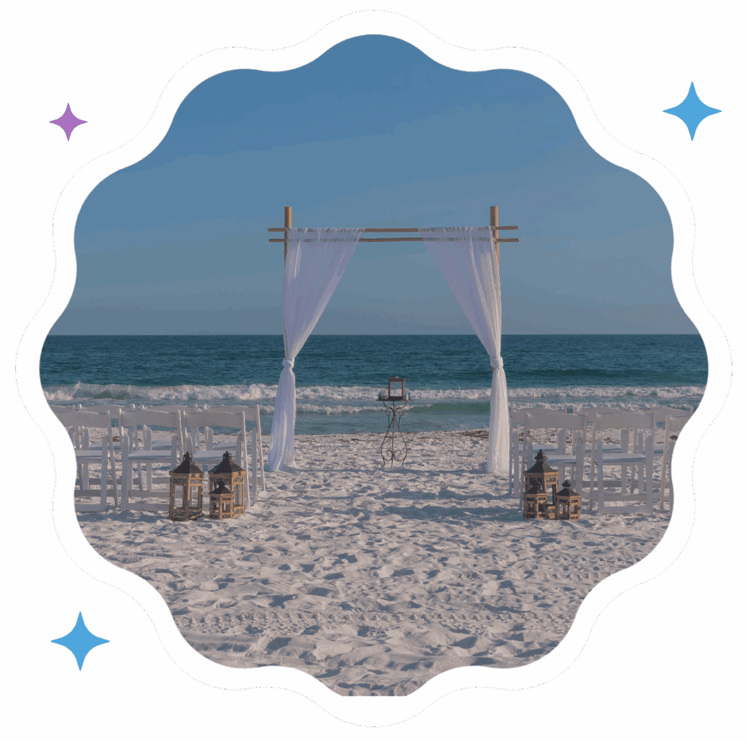 A serene beach wedding setup with chairs and an arch.
