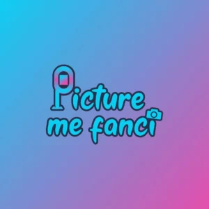 Logo with text 'Picture me fanci' on a blue-purple gradient background.