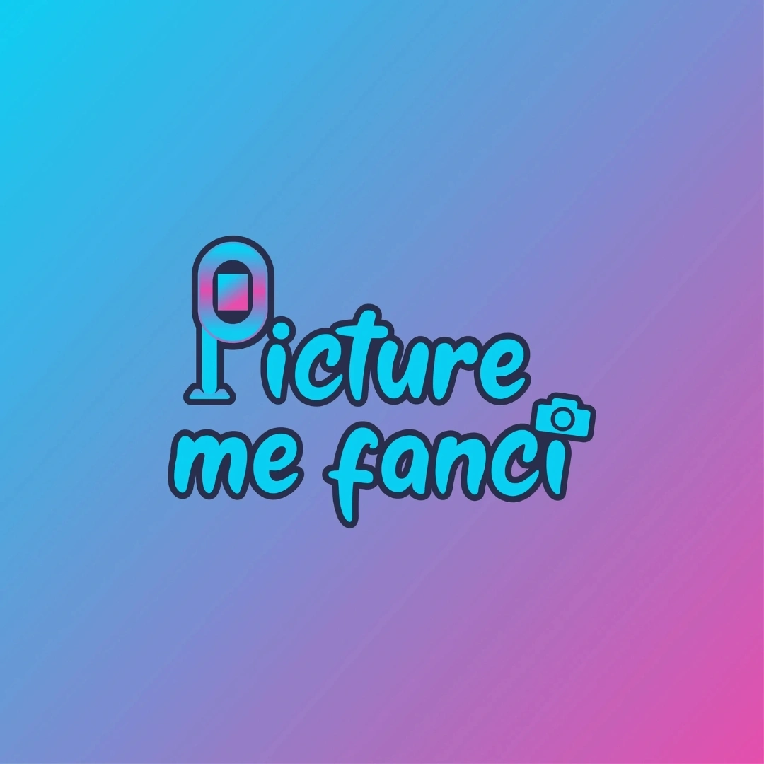 Logo with text 'Picture me fanci' on a blue-purple gradient background.